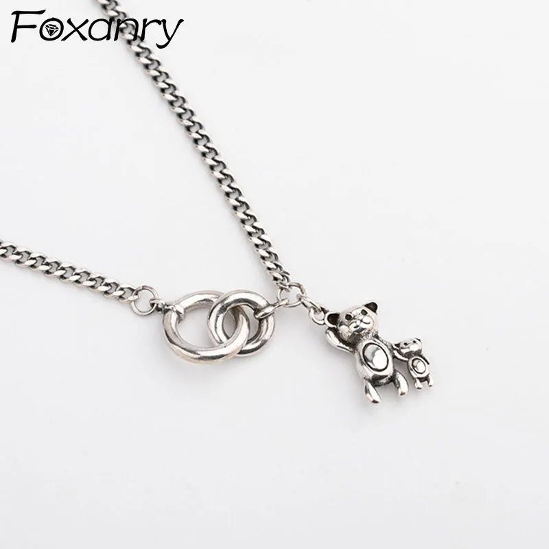 Foxanry Silver Color Sweater Necklace New Trendy Punk Vintage Little Bear Pendant Party Jewelry Thai Silver Accessories