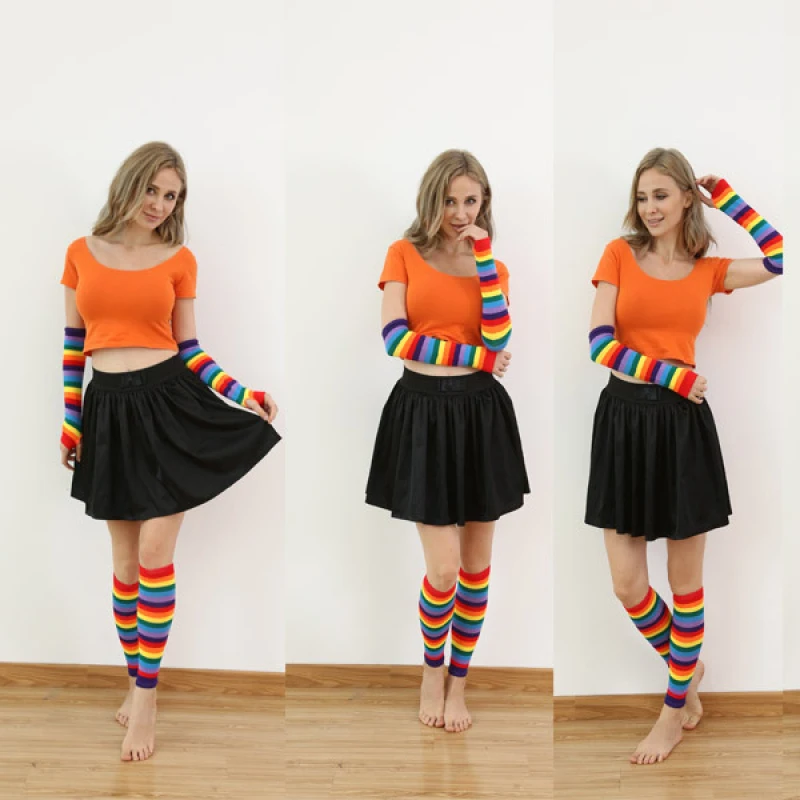 35cm Autumn Winter Women Cosplay Cotton Warm Rainbow Stripe Half-Finger Knitting Long Dual Purpose Sock Gloves Mittens