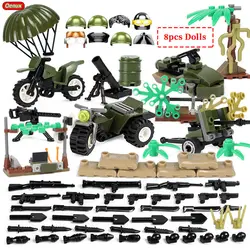 Oenux 8pcs WW2 Mini US Army Soldiers Figure Military Small Building Block Set Military Tank Motorcycle Vehicle MOC Brick Kid Toy