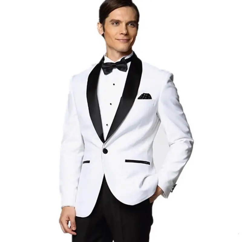 Classy One Button White Groom Tuxedos Groomsmen Shawl Lapel Best Man Blazer Mens Wedding Suits (Jacket+Pants+BowTie)