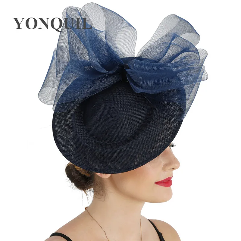 

Imitation Sinamay Navy Wedding Headwear Women Fascinator Hat With Bow Hair Accessories Cocktail Race Headpiece Hairpin Mesh Hats