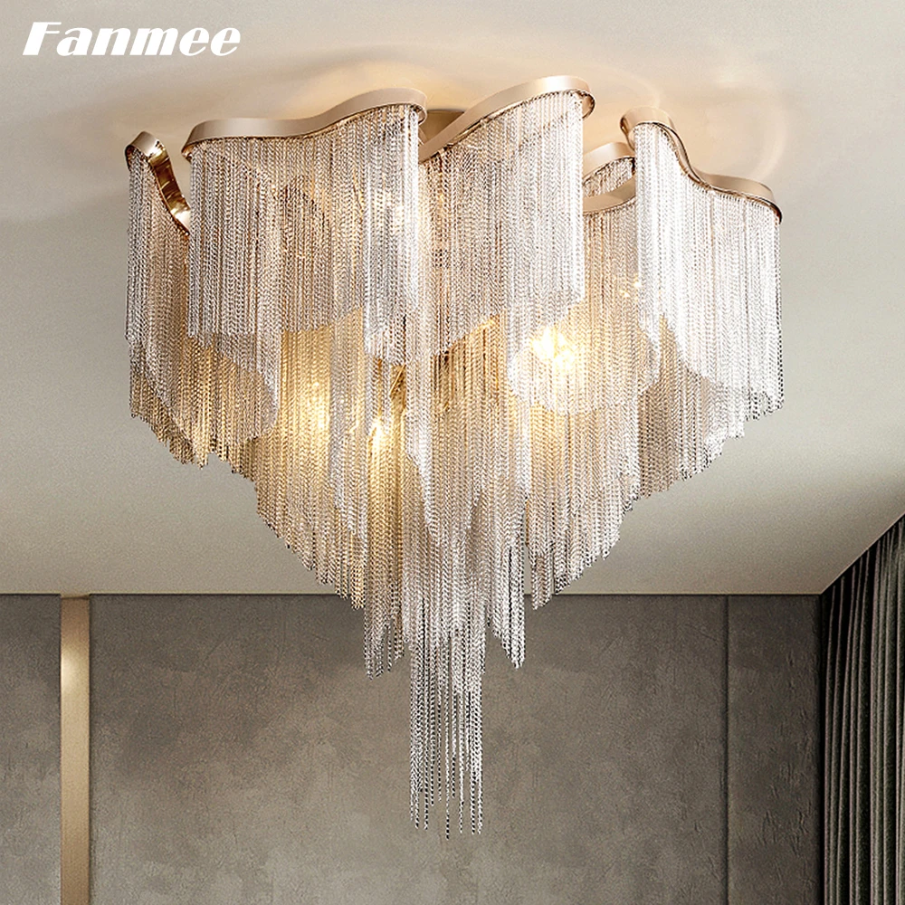 

Modern Tassel Ceiling Chandelier LED Gold Irrecgular Luxury Aluminum Chain Flushmount Living Room Indoor Lighting Bedroom Lamp