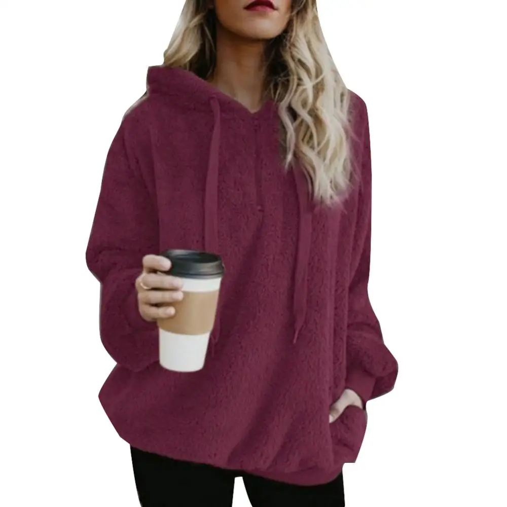 60%HOT Fall Winter Long Sleeve Plush Hooded Shirt Warm Sweatshirt Plus Size Winter Solid Zip Puff Hoodie Women\'s Hooded Sweatshi