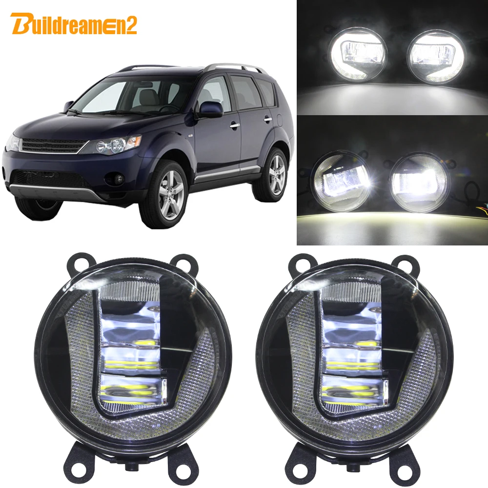 Buildreamen2 For Mitsubishi Outlander 2006-2012 Car 90mm LED Projector Front Fog Light + DRL Daytime Running Lamp White H11 12V