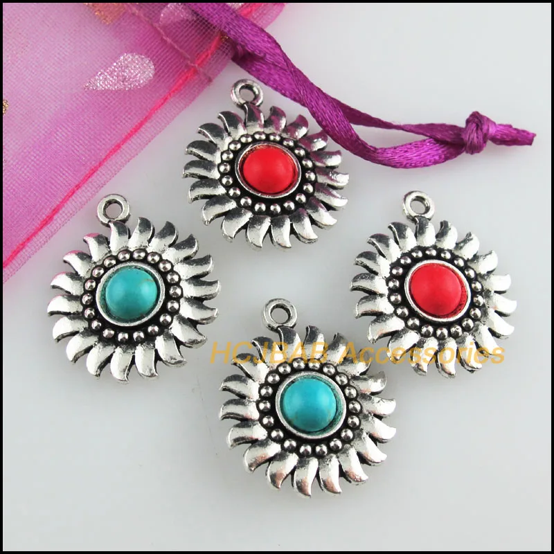 10 New Sun Flower Charms Tibetan Silver Tone Red & Blue Stone Circle Pendants 20x24mm