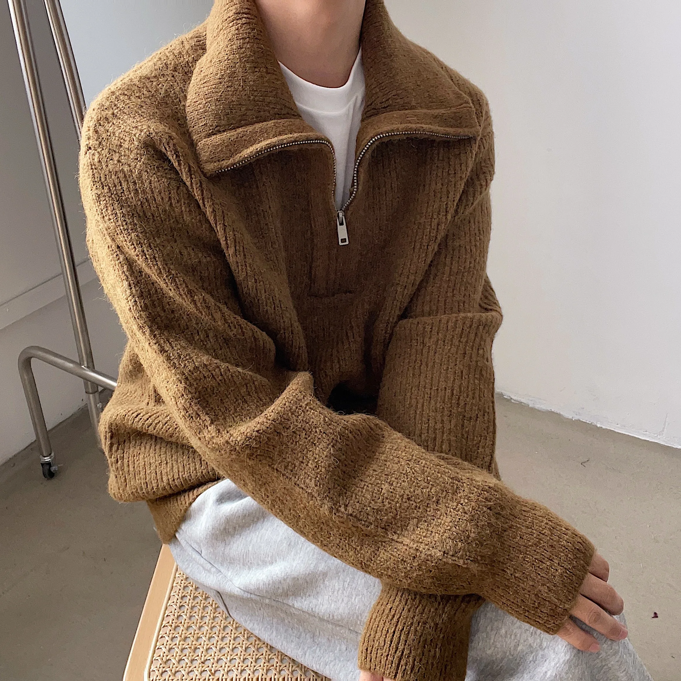

2021 Fall/Winter Men's Wool Fleece Premium Texture Sweater Turtleneck Half-Zipper Loose Solid Color Knitted Top