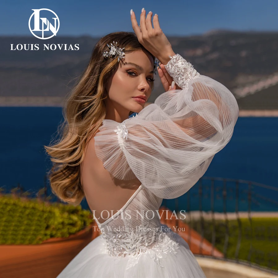 LOUIS NOVIAS فساتين زفاف على شكل حرف a للنساء مثير على شكل قلب وأكمام منتفخة قابلة للإزالة وكشكشة متدرجة مطرز بالخرز فستان زفاف بدون ظهر