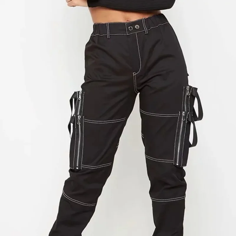 CTRLLOCK-ropa de calle Grunge para mujer, pantalones elásticos de cintura alta con múltiples bolsillos, hip hop, 2021