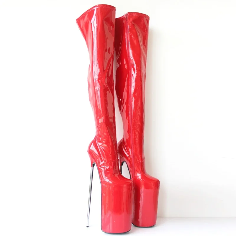 Women Thigh High Boots,Men Night Club Dancing Shoes,Fetish Cosplay Booties,Side Zip Long Botas,30cm Stiletto Metal Heel,RED,Blck