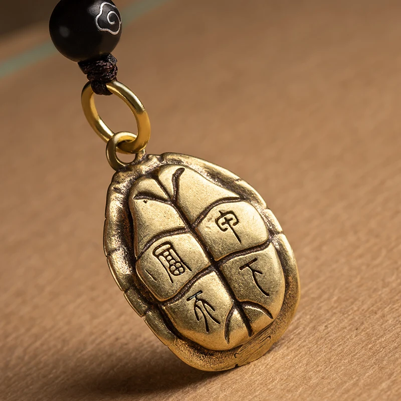 Handmade Lanyard Rope Brass Turtle Shell Pendants for Keychain Vintage Chinese Feng Shui Key Chain Ring Hanging Jewelry Keyring