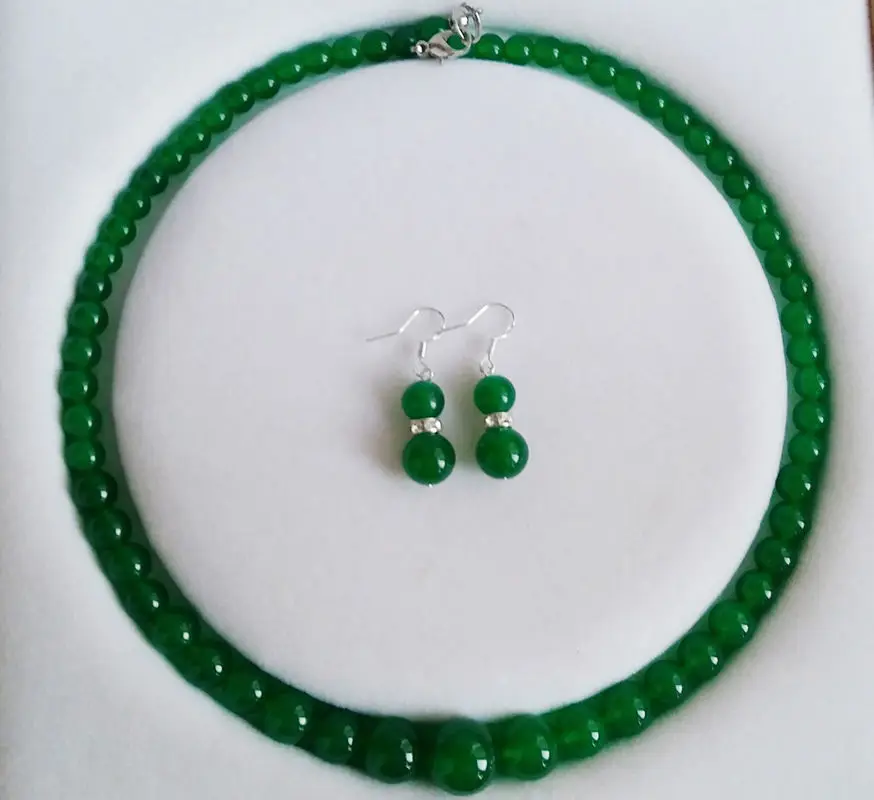 

Fashion 6-14mm Real Green Jade Round Beads Necklace Earrings Jewelry Set 18"AAA+