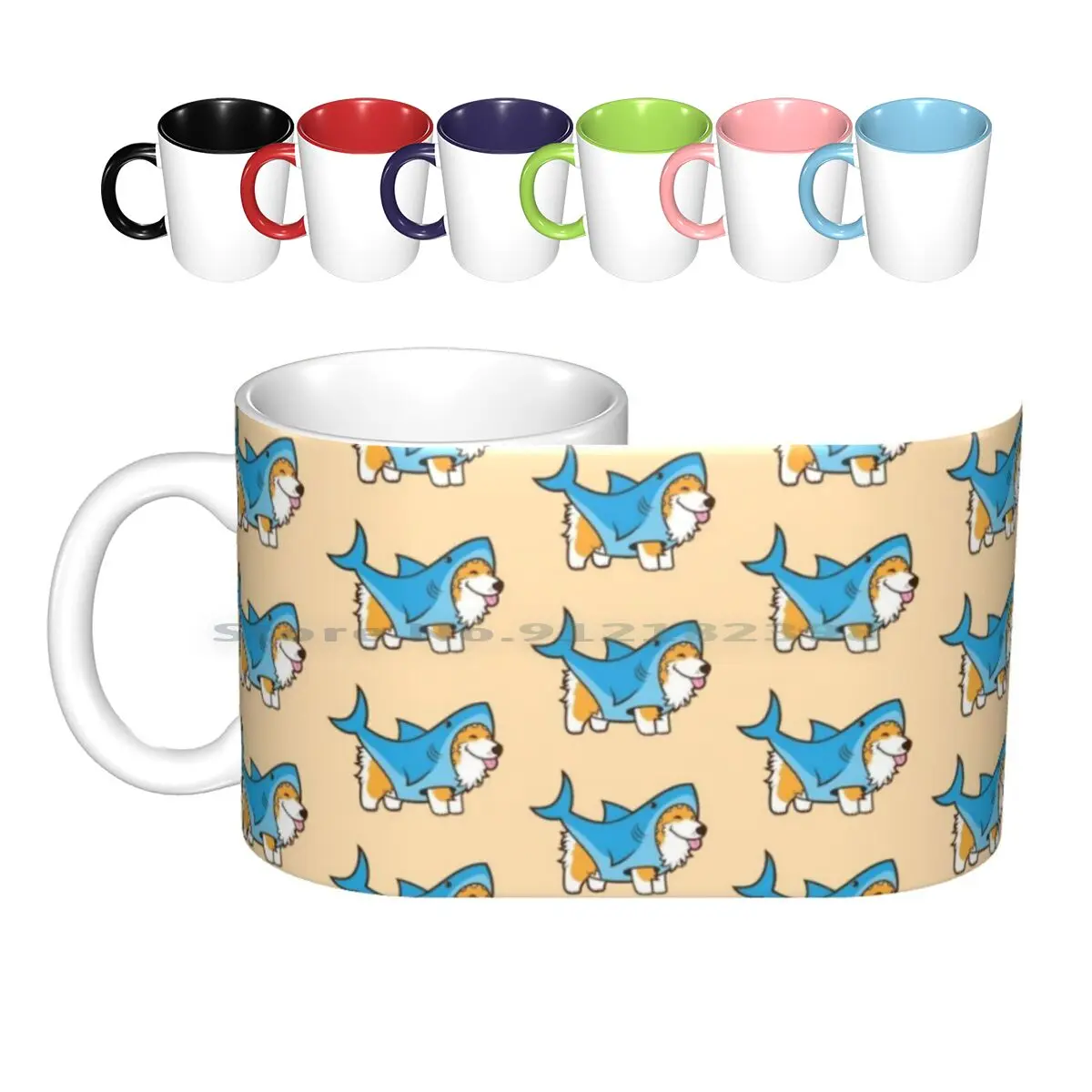 Corgi en un traje de tiburón, tazas de cerámica, tazas de café, taza de té de la leche, Corgi, perro, canino, cachorro, Animal, mamás, disfraz de Mascota, tiburón lindo