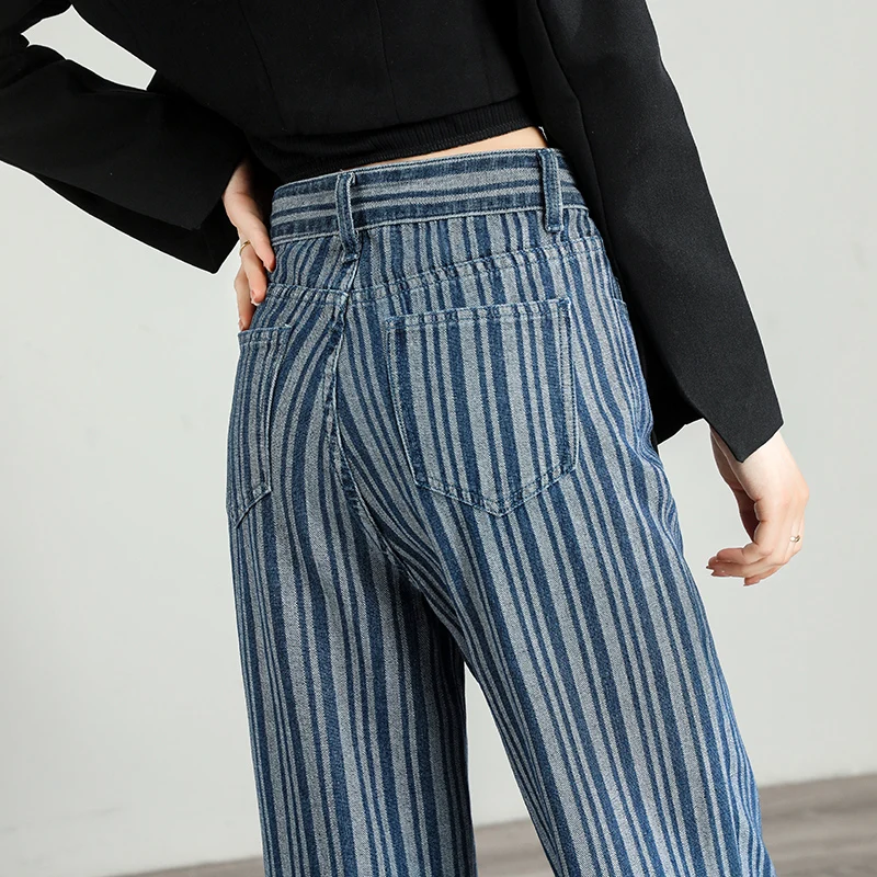 2024 Woman Retro high waist Jeans Fashion Striped wide-leg pants Quality Street Harajuku Straight Pants