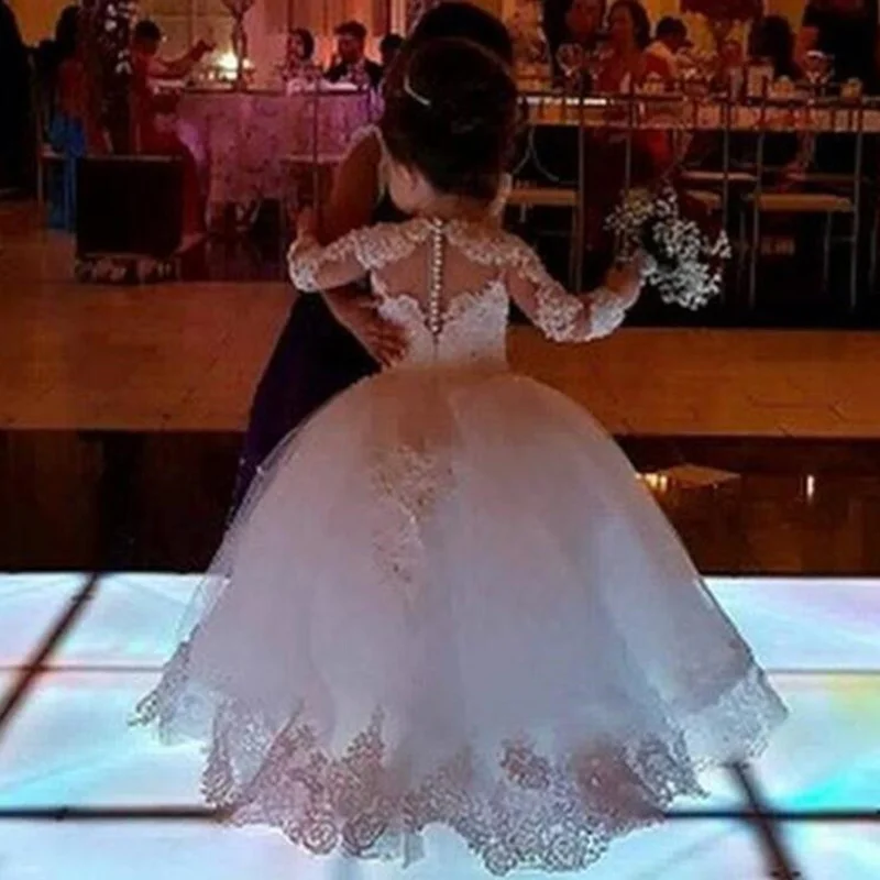 Vestido de manga larga para niña, vestidos de princesa con flores, apliques con cuentas, impresionante, bonito vestido de primera comunión blanco