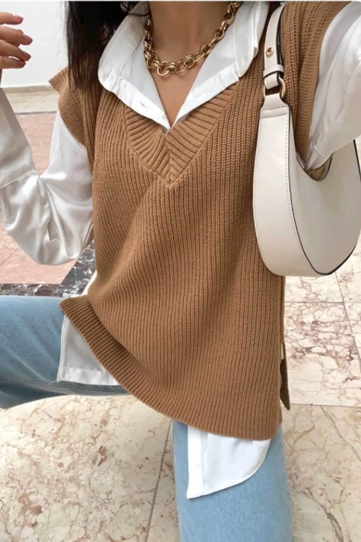 Women V Neck Knitted Sleeveless Casual Outwear Solid Pullover Sweater White Brown Black Autumn Winter Spring Seasons