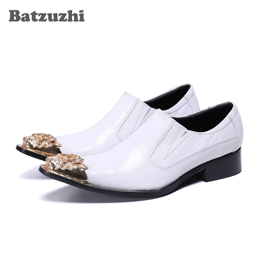 Batzuzhi White Genuine Leather Dress Shoes Italian Type Handmade Pointed Toe White Wedding/Business Shoes Man! Big Sizes