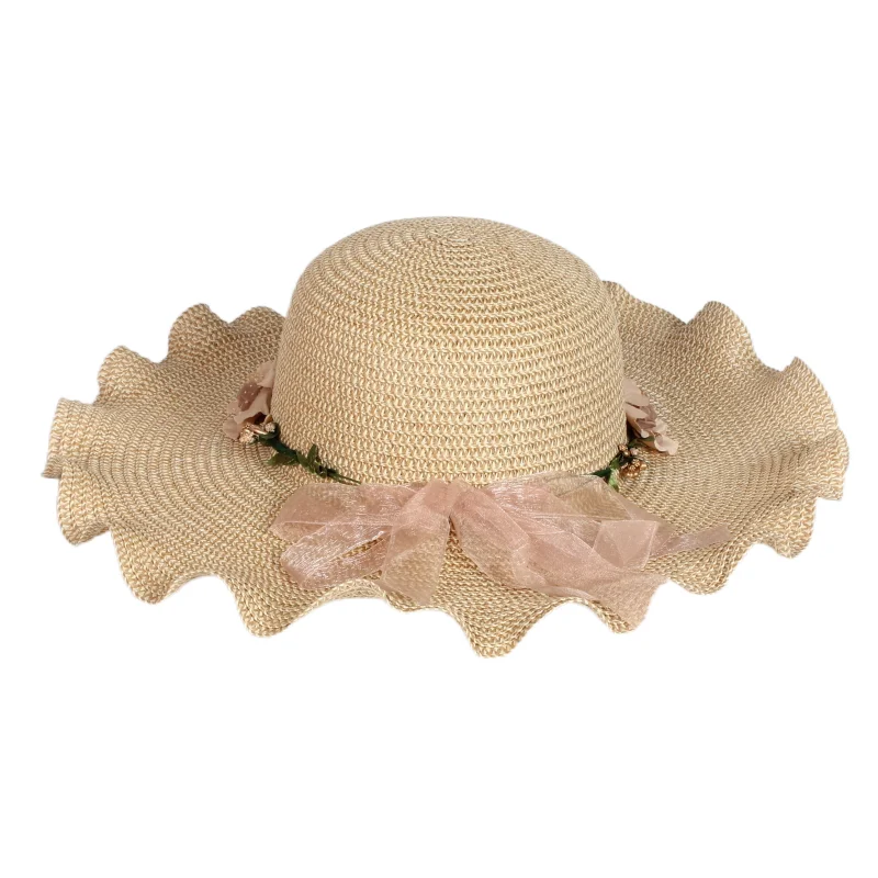 Wholesale New Summer Sunshade Beach Ladies Paper Floppy Caps Women Straw Hats Spring Summer Autumn with Flower and Bowknot Plain