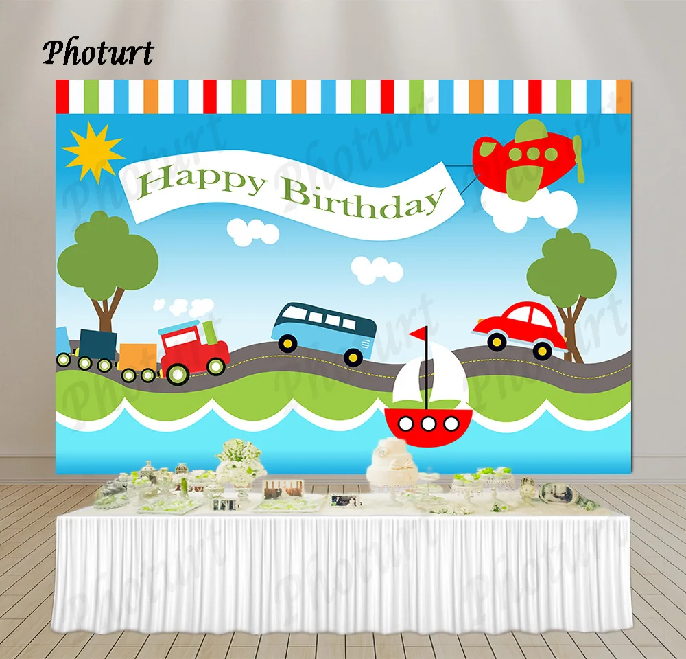 

PHOTURT Traffic Airplane Backdrop Kids Birthday Decoration Photo Background Colorful Toy Bus Car Vinyl Photography Booth Props