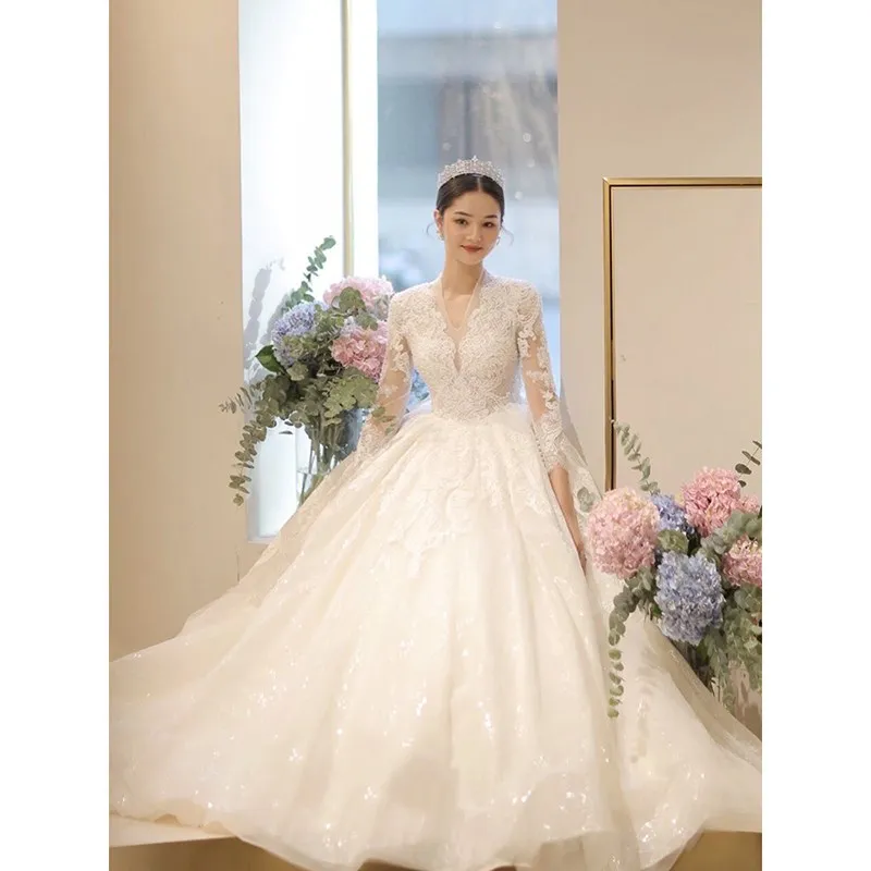 Vestido De novia De encaje 2024 De manga larga nuevo invierno con cuello en V Vestido De baile De flores vestidos De Boda De Princesa Vestido De novia personalizado