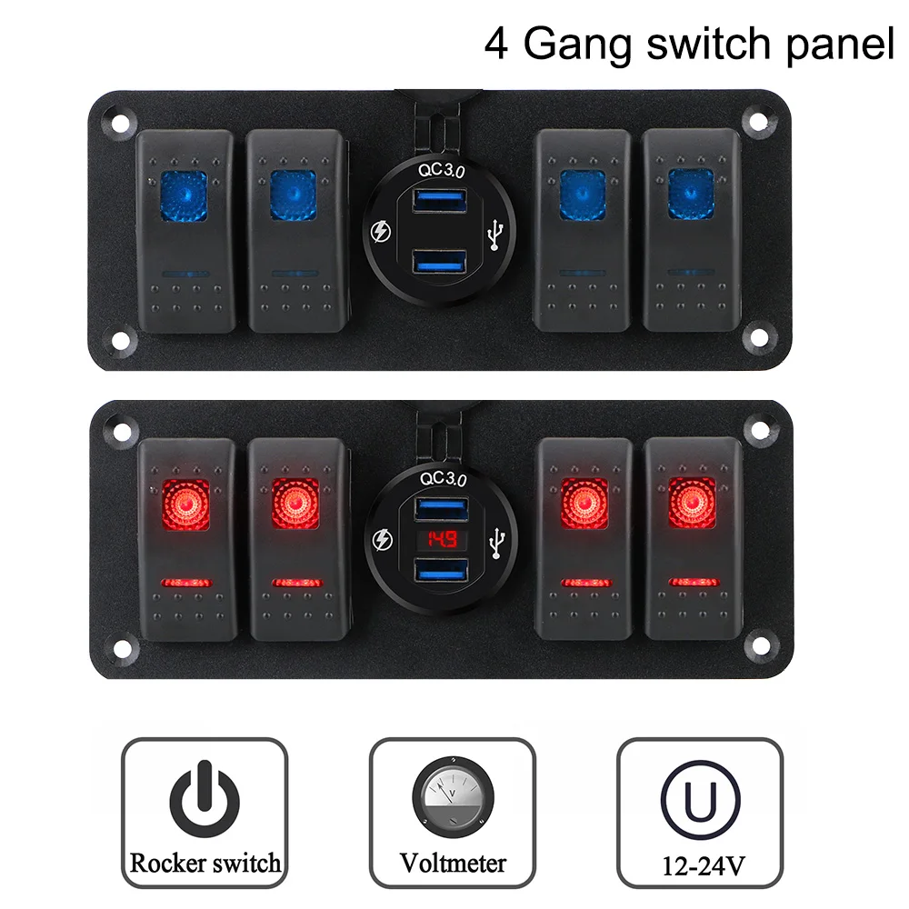 Marine Rocker Switch Panel Waterproof Car Switch Panel 4 Gang LED Digital Voltmeter 12~24V Circuit Control