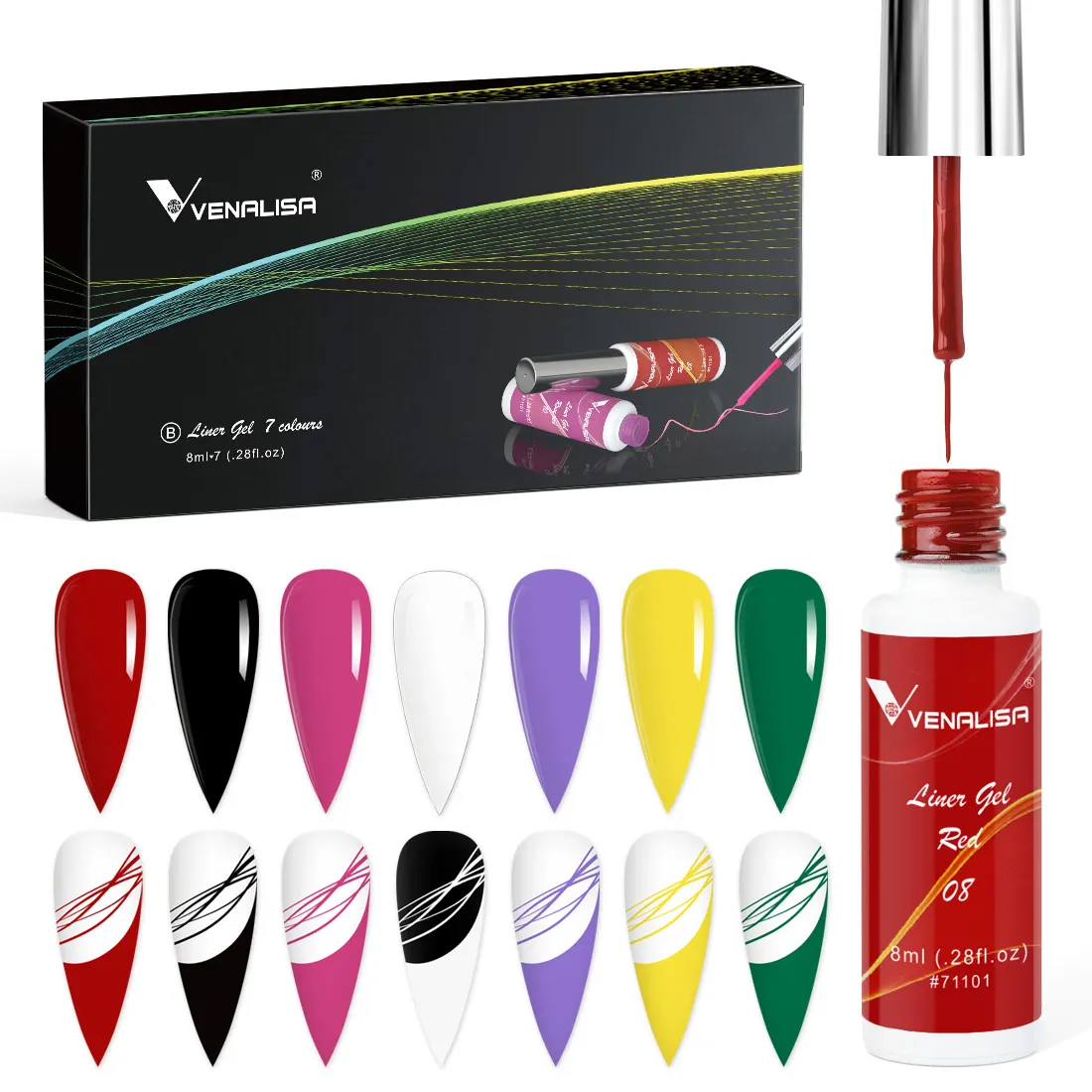 7 farbe Kit Venalisa Liner Gel 8ml Französisch Gel Nagel Farbe Gel Polish UV LED Malerei Gel Nail art design Wunderschöne Glitter Farbe – Detail 10
