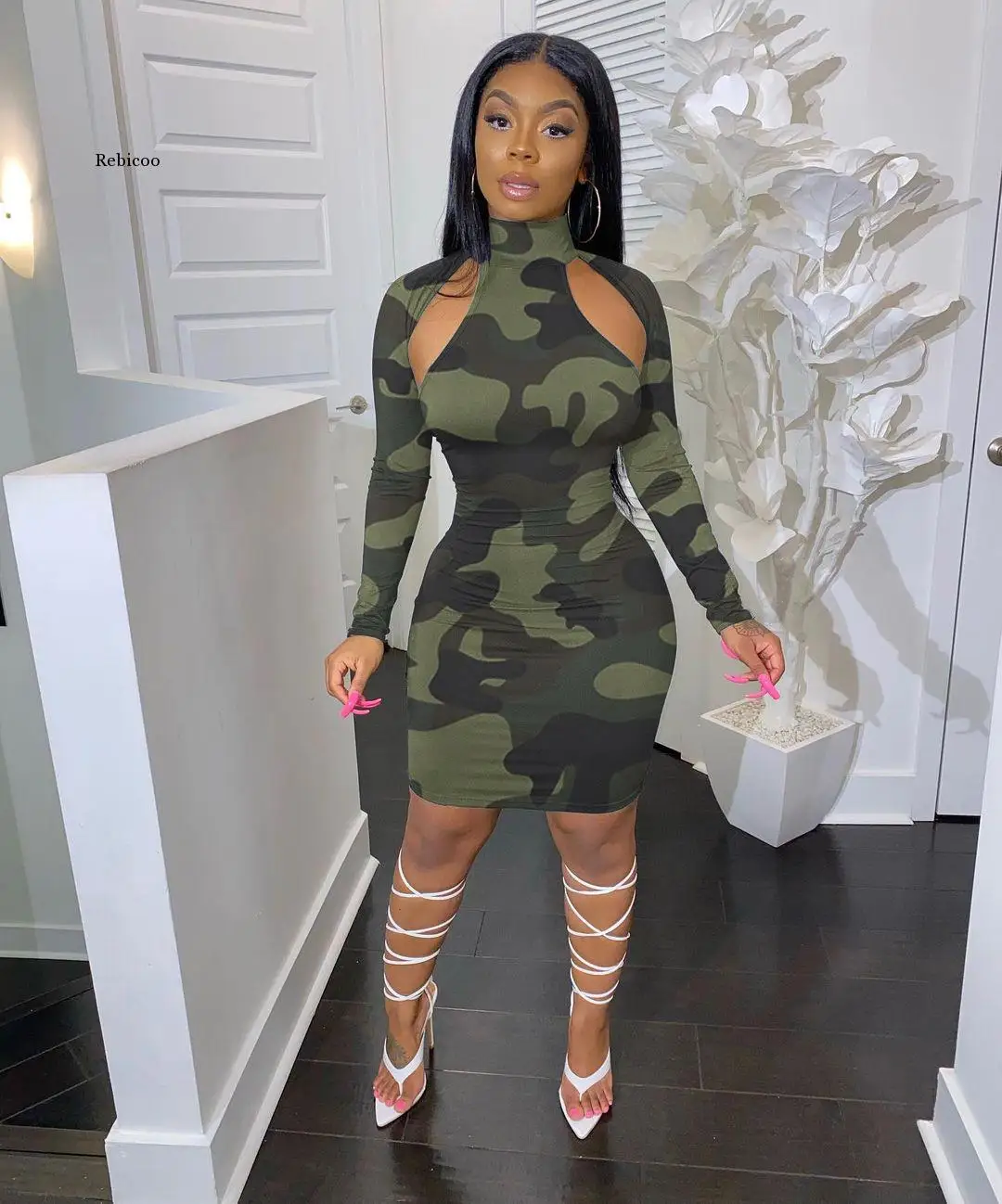 New Famous Brand Dress Camouflage Hollow Out O-Neck Long Sleeve Sexy Bodycon Mini Dress Vestidos