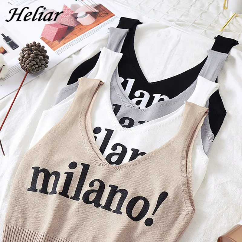 HELIAR Tops Women Sexy Crop Tops Deep V-Neck Lettering milano! Camis Lady Slim Night Club Knitted Crop Tops For Women Summer