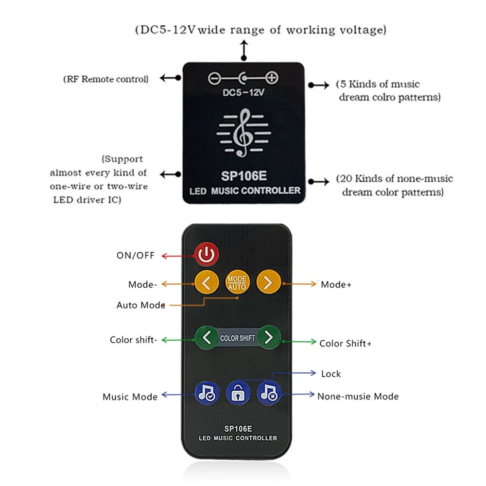 DC5-12V SP106E 9Keys Music Led Controller Wireless RF Remote For Individual Addressable WS2812B SK6812 5050 RGB Pixels Strip