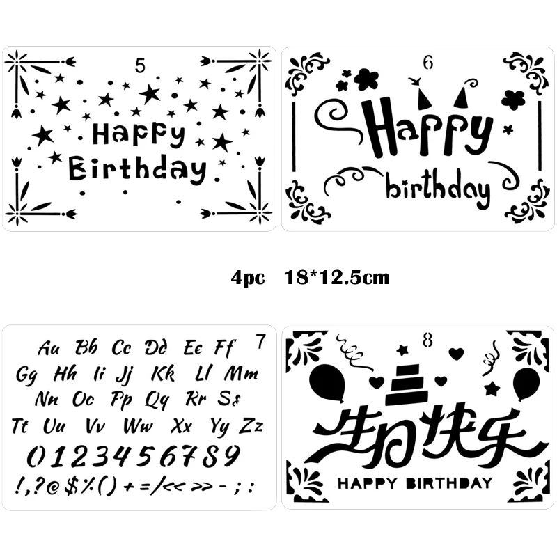 

4pc Happy Birthday Painting Template DIY Scrapbook Diary Coloring Embossing Stencil Hosehold Decor Sjabloon Fotolijst Reusable