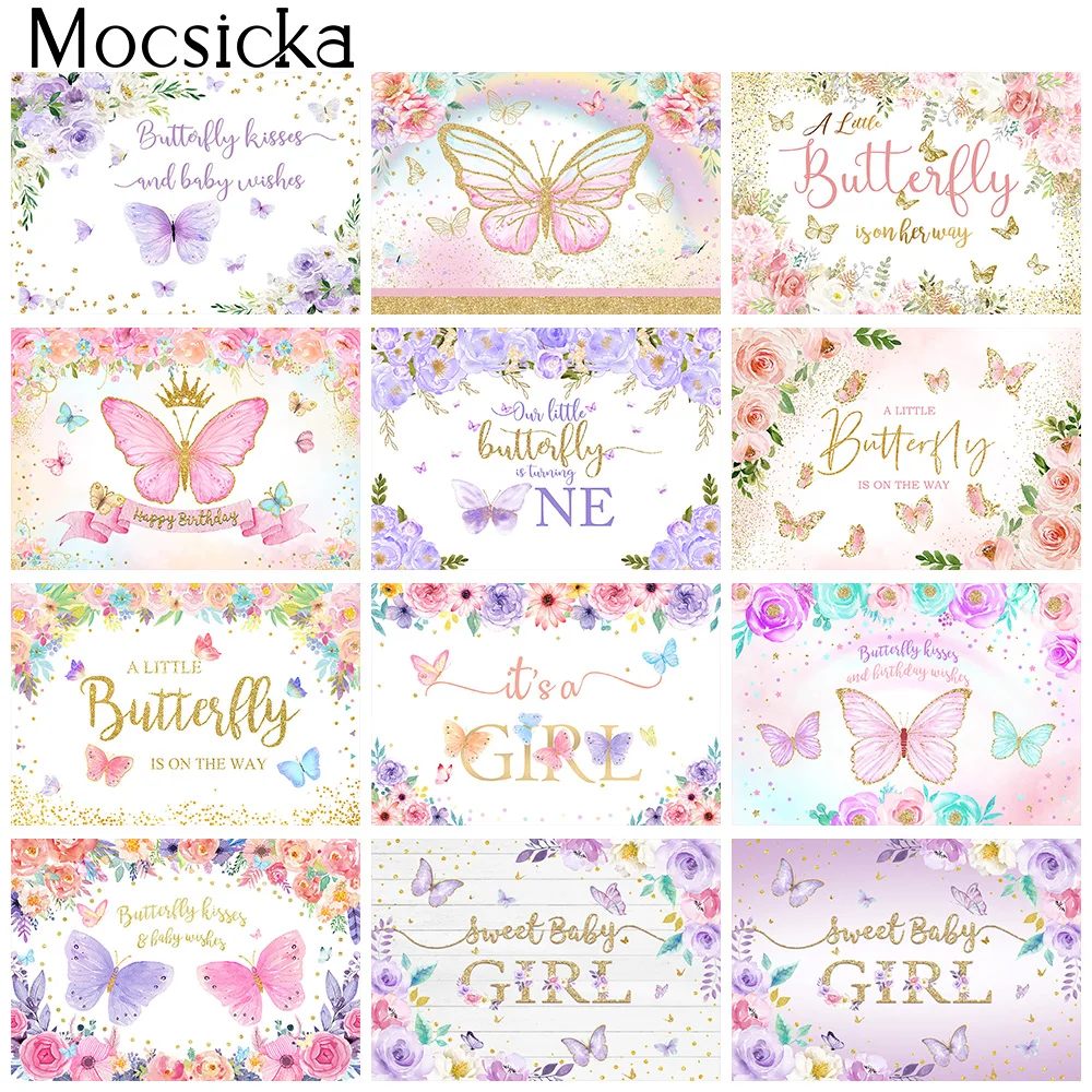 Butterflies Sweet Girl Happy Birthday Photo Backdrop Colorful Flowers Children Newborn Baby Shower Background Butterfly Shoot