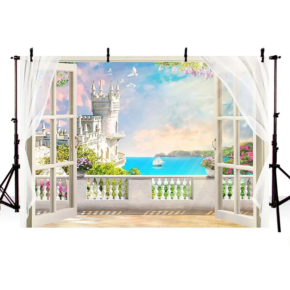 MOCSICKAbalcony Curtain Backdrops for Photography Beach Blue Sky and Sea Photo Booth Background Vinyl Seamless Cloth G-492