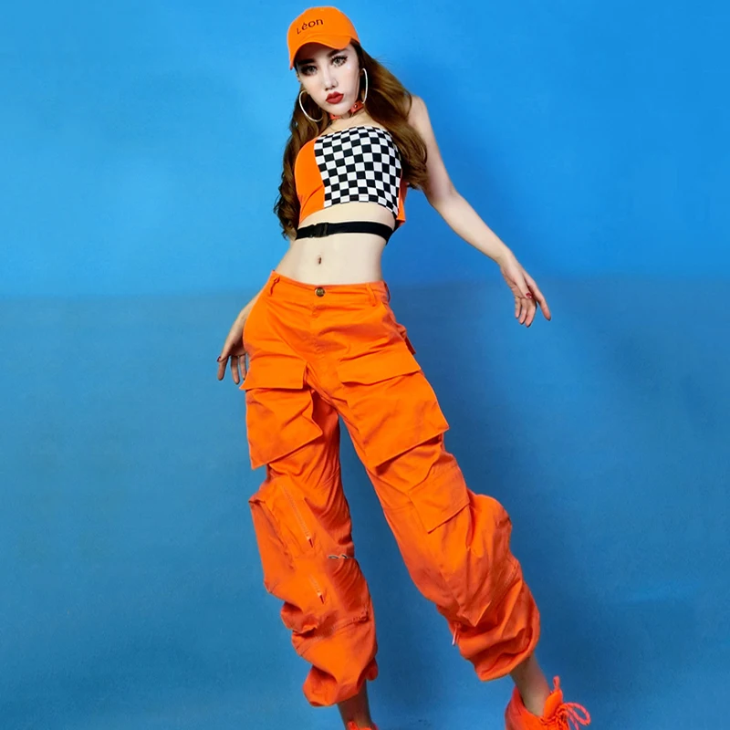 Jazz Dance Costumes Lady Orange Tooling Trousers Dj Clothes Women Female Singers Nightclub Stage Outfit Performance Wear DNV11971