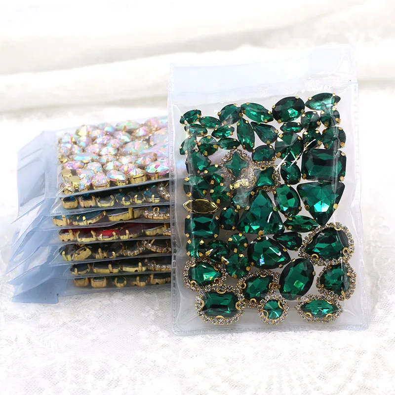 50pcs/Bag Peacock Green Mixed Shape Sew on Glass Rhinestone Gold Claw Crystal Buckle Diy Wedding Decoration Clothes/Shoe/Dress