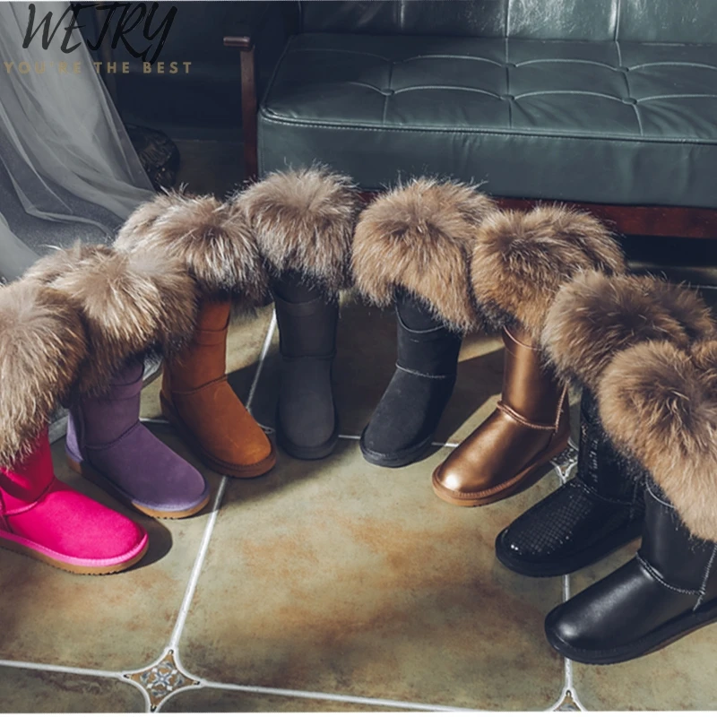 WETRY Natural Fox Fur Snow Boots Genuine Cow Suede Leather Boots Shoes Mid-calf Knee Boots Raccoon Fur Warm Female Flat Boots