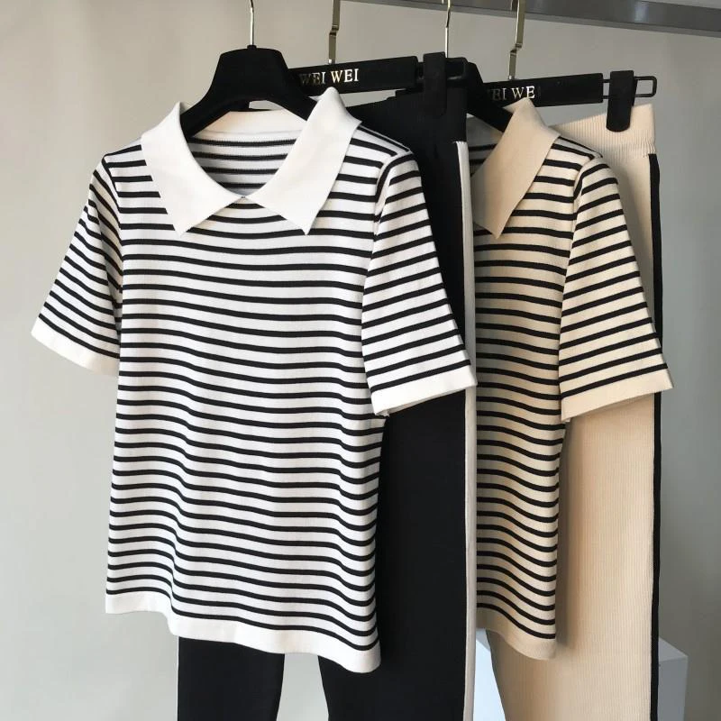 Fashion Stripe Patchwork Knitted Two Peice Set Women Turn-Down Collar Short Sleeve T-shirt+Calf-Length Pants Casual Tracksuits