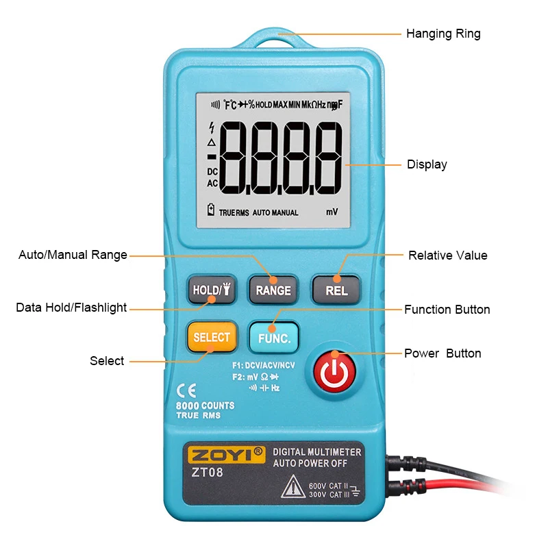 ZOYI ZT08 Digital Multimeter True-RMS Tester Meter 8000 Counts AC/DC Voltmeter Ohm Voltage Transistor Testers Auto Multimetro