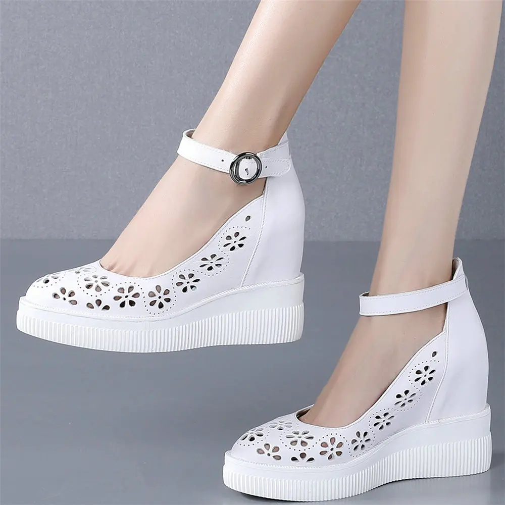 Summer Buckle Strap Mary Janes Women Genuine Leather Wedges High Heel Ankle Boots Female Round Toe Chunky Platform Pumps Shoes