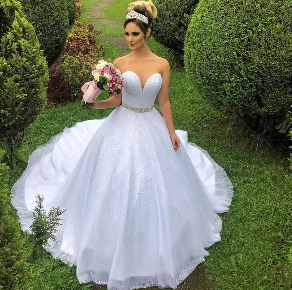 Vestido De novia De tul con escote Corazón, traje De princesa sin mangas, línea A, brillante, 2021