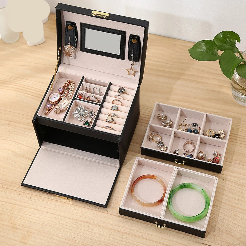 Fashion Jewelry Storage Box Large Capacity Portable Lock With Mirror Storage Boxes Earrings Necklace Ring Jewelry Display
