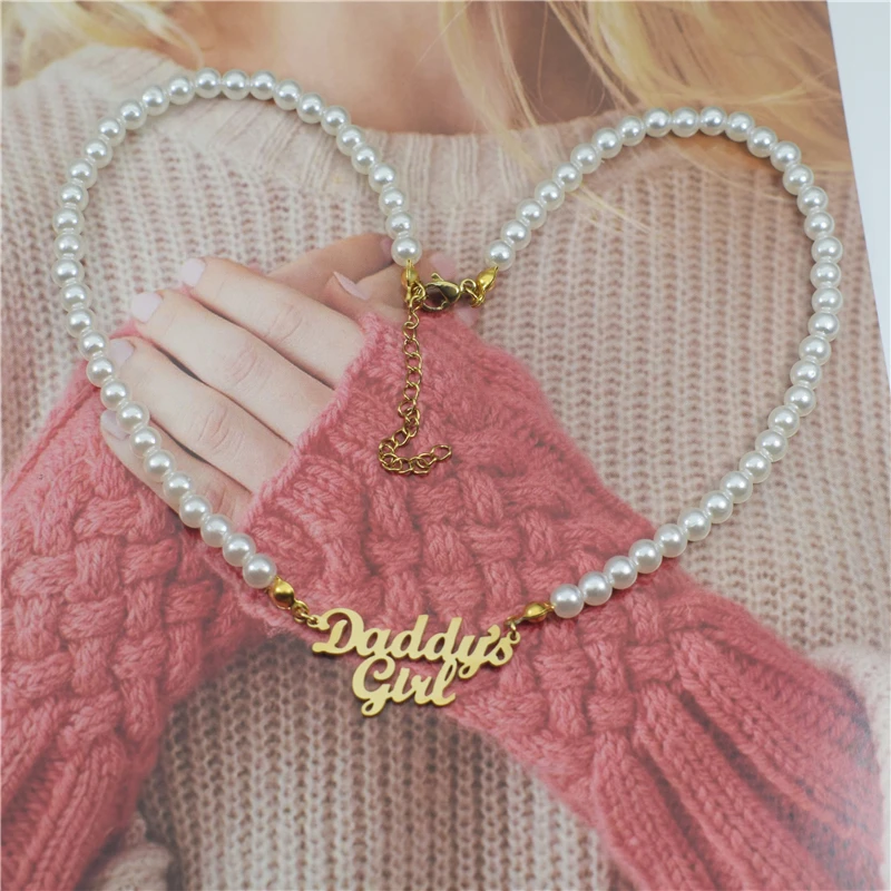 Stainless Steel Daddy's Girl Pendant Necklaces Babygirl Collier Femme Kids Dad Daddy Gift Fathers Day Imitation Pearl Necklace