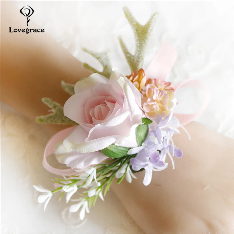 Boutonniere 웨딩 단추 구멍 핑크 실크 장미 꽃다발 신부 들러리 팔찌 꽃 신랑 Boutonniere 결혼 액세서리