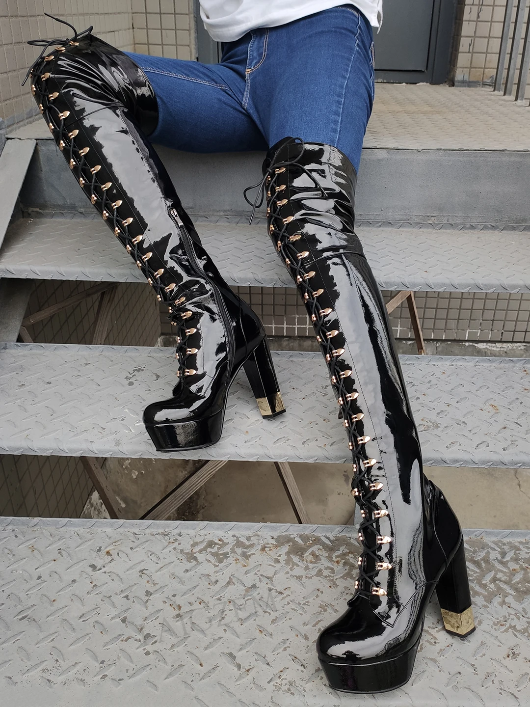 LAIGZEM Women Over Knee High Boots Platform Chunky High Heels Boots Shiny Ladies Botines Female Shoes Woman Big Size 33 41 43