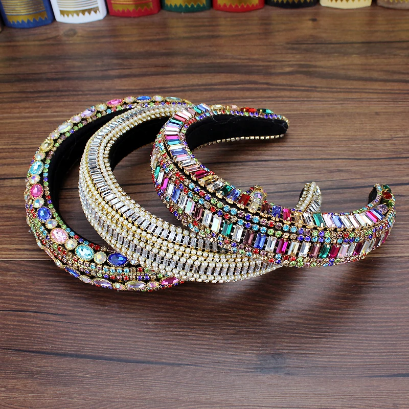 Handmade Colorful Crystal Baroque Tiara Hairbands Diamante Padded Headbands For Women Headdress Birthday Wedding Hair Jewelry