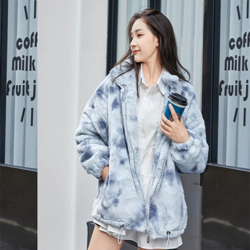 Outono inverno vintage tie-dye falso casaco de pele de coelho feminino coreano gola manga longa casual curto outerwear casaco feminino