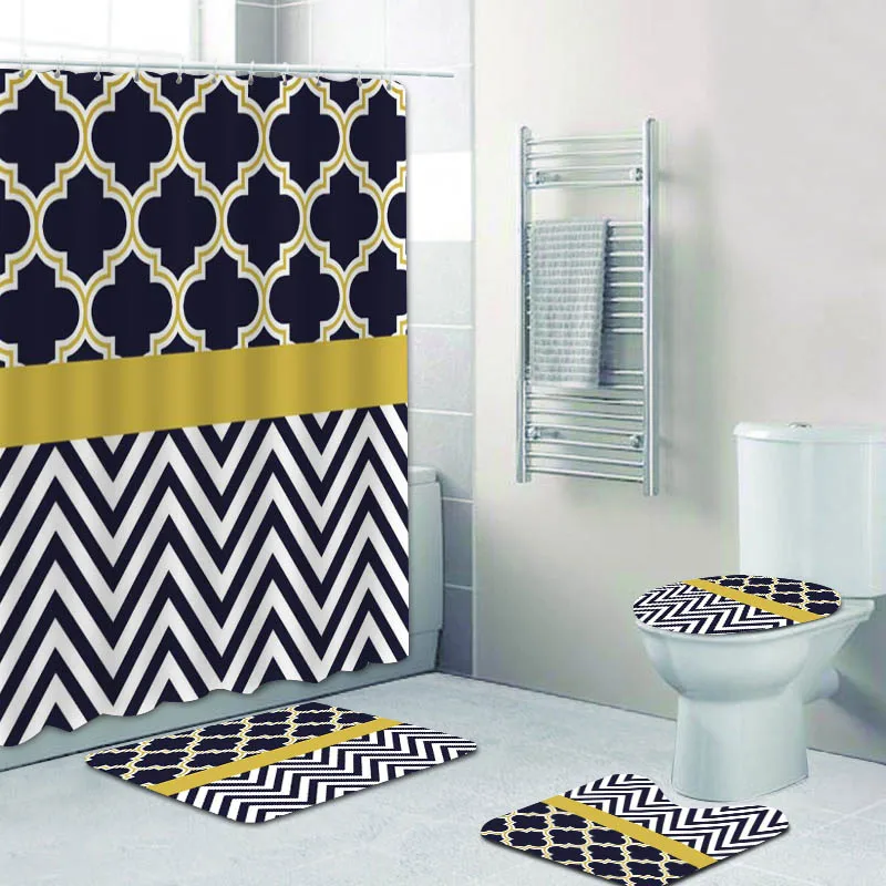 Modern Chevron Quatrefoil Geometric Shower Curtain Set for Bathroom Abstract Zigzag Dot Bath Curtains Mats Rugs for Toilet Decor