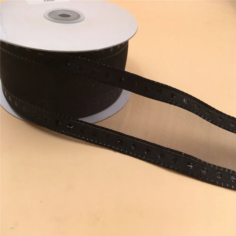 38MM X 25 Yards Black Organza Stripes   Wire Edge Ribbon for Birthday Decoration Gift Wrapping 1-1/2