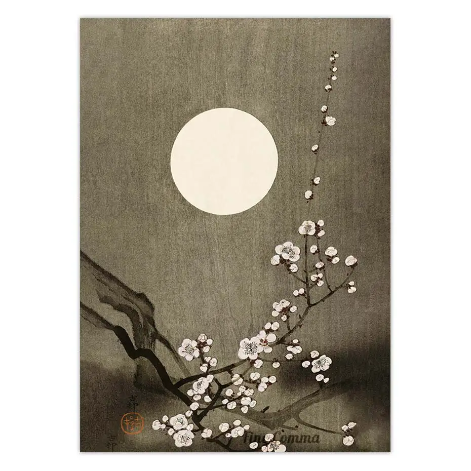 Blooming Plum Bossom at Full Moon Ohara Koson Japanese Art Poster Flower Canvas Print Woodblock Wall Art Painting Home Decor