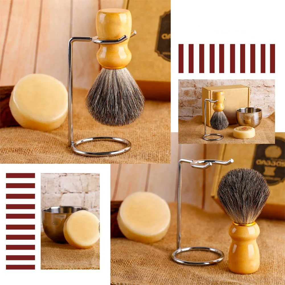 4in1 Shaving Brush Set Fine Badger Shave Brush Wood Handle + Stainless Steel Shaving Stand + Soap Cup + Soap for Men Wet Shave