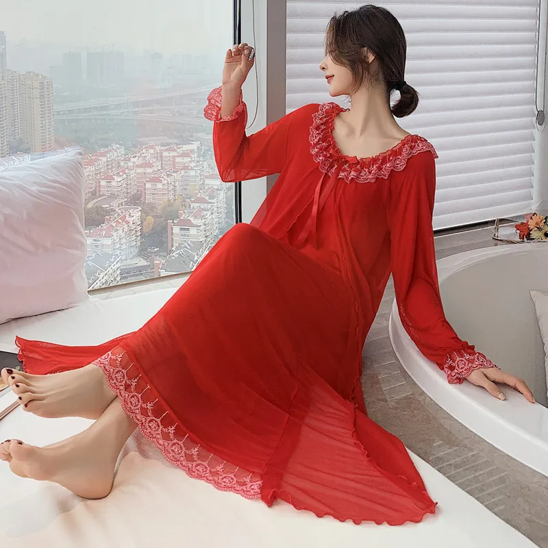 

Red Modal Nightdress Ladies Palace Wind Net Yarn Wedding Nightwear Casual Homewear pijamas Women Night Gowns New Arrival