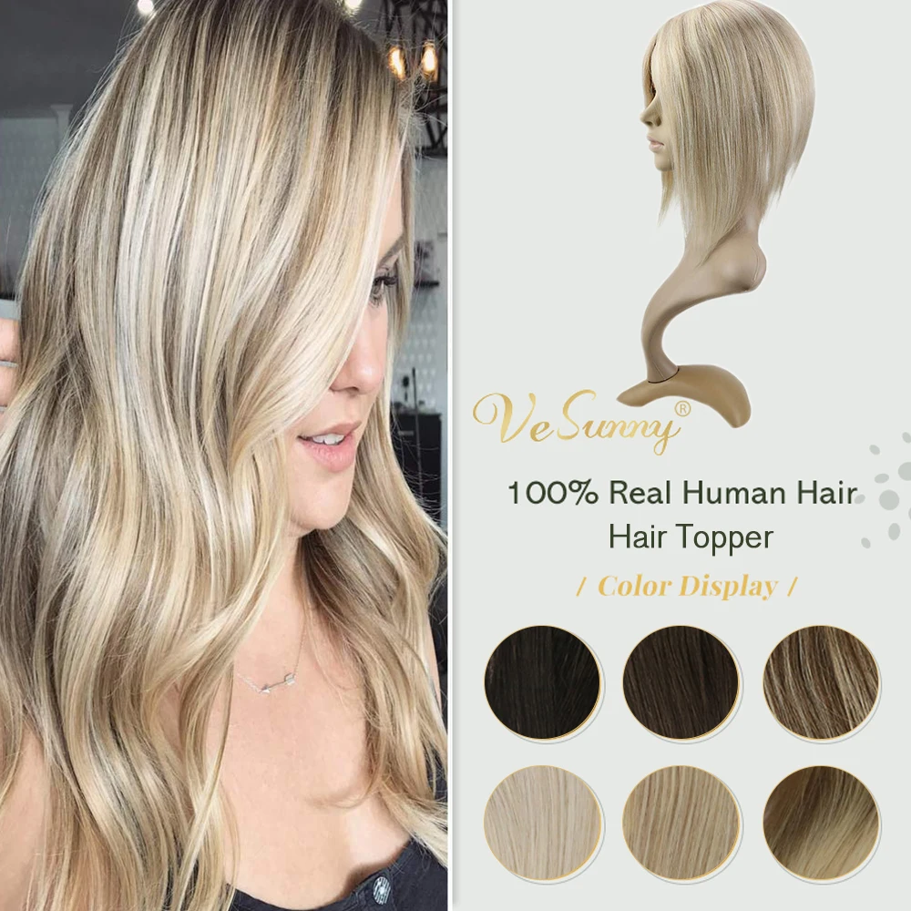 VeSunny Hair Topper Mono Base 100% Real Human Hair Hand Made Toupee Hair with 4 Clips 13*13cm 10-18\